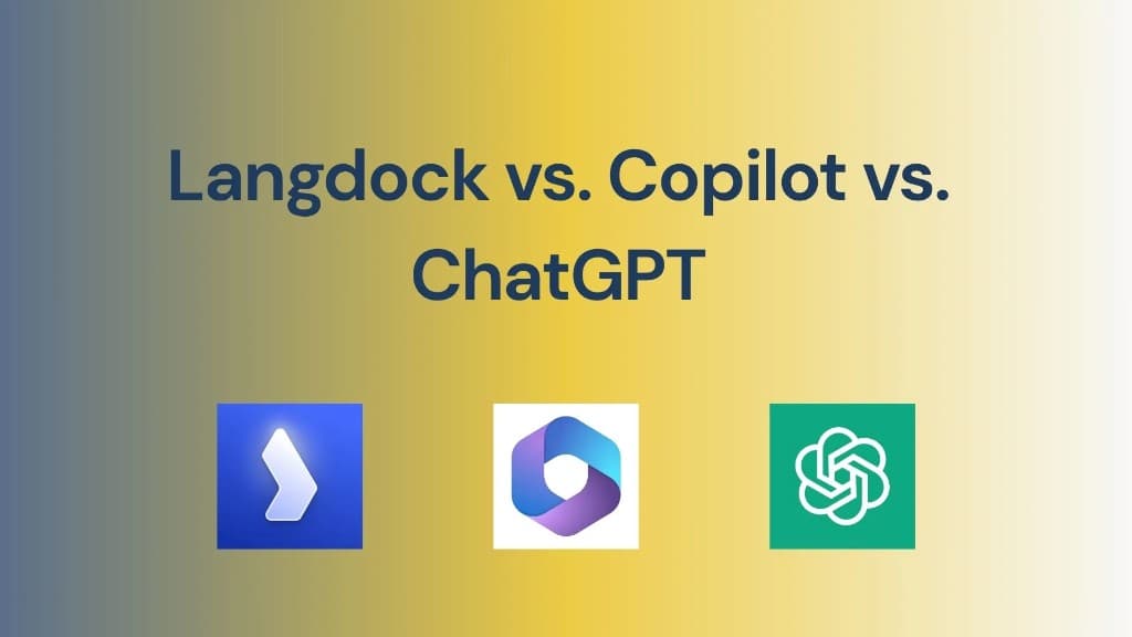 Titelgrafik: Langdock vs. Copilot vs. ChatGPT mit Schriftzug und Logos der drei Anbieter; Vergleich für Unternehmen zu Datenschutz, Integration und Eignung für KMUs