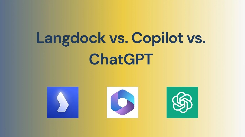 Titelgrafik: Langdock vs. Copilot vs. ChatGPT mit Schriftzug und Logos der drei Anbieter; Vergleich für Unternehmen zu Datenschutz, Integration und Eignung für KMUs