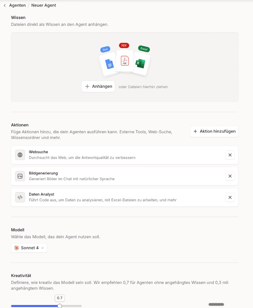 Langdock Agenten erstellen – Wissen hochladen, Aktionen (Websuche, Bildgenerierung, Daten-Analyst) und Modell auswählen